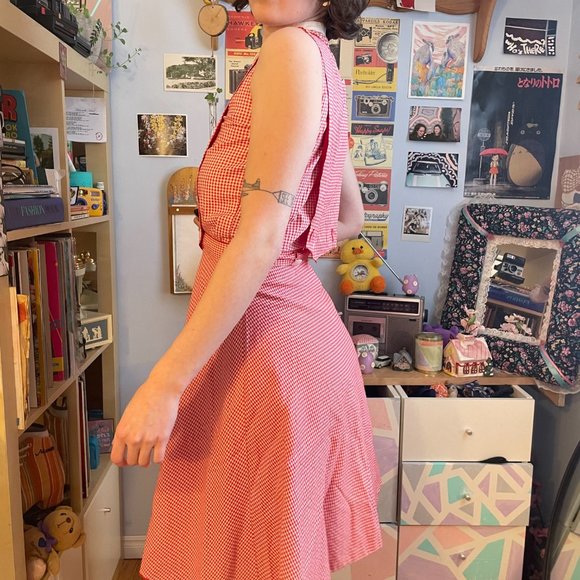 50s gingham plaid Honeylane XXS plaid circle skirt, sleeveless shirt, and bib! - Picture 7 of 16
